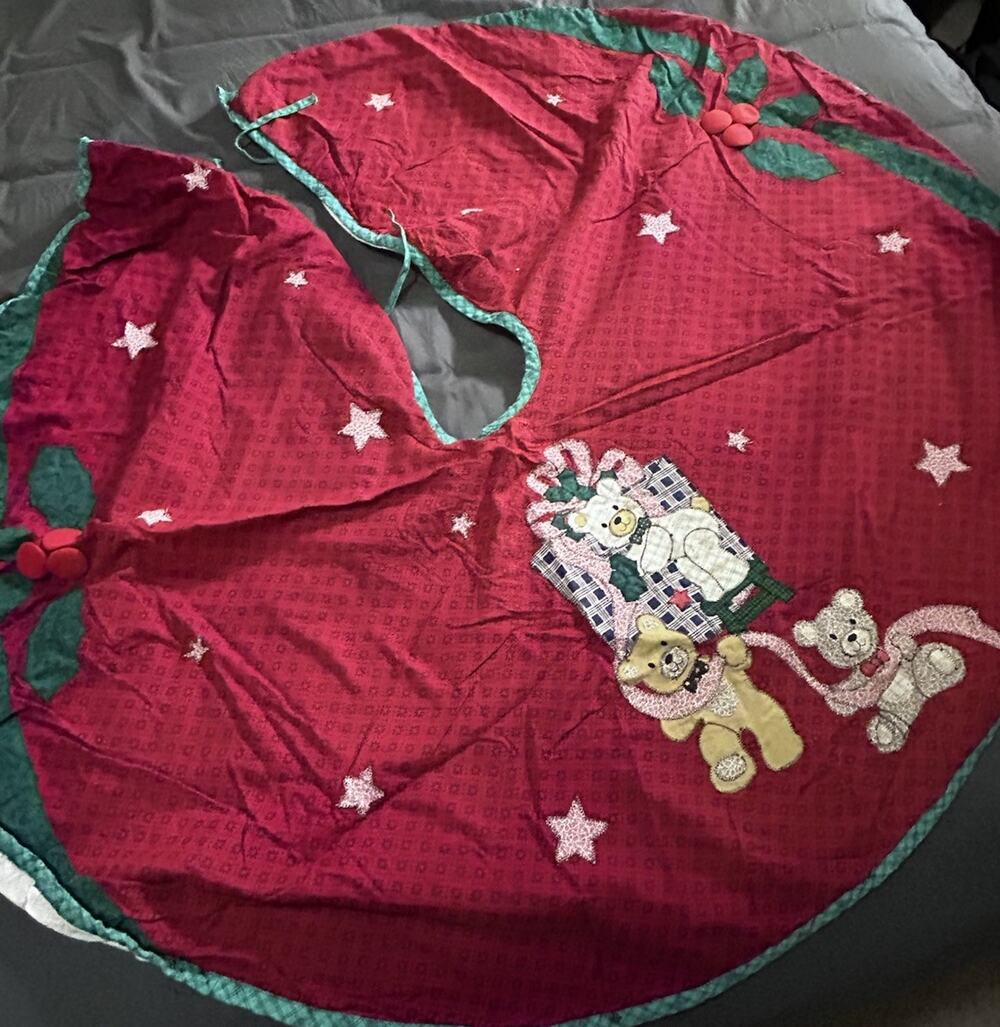 Prima Creations Christmas Tree Skirt Red Green Applique Teddy Bears Holly 42 in